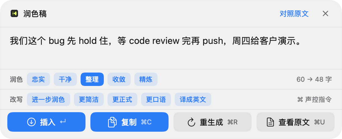 YapType 结果面板：润色后的文字、五档润色强度、一键改写按钮与插入按钮